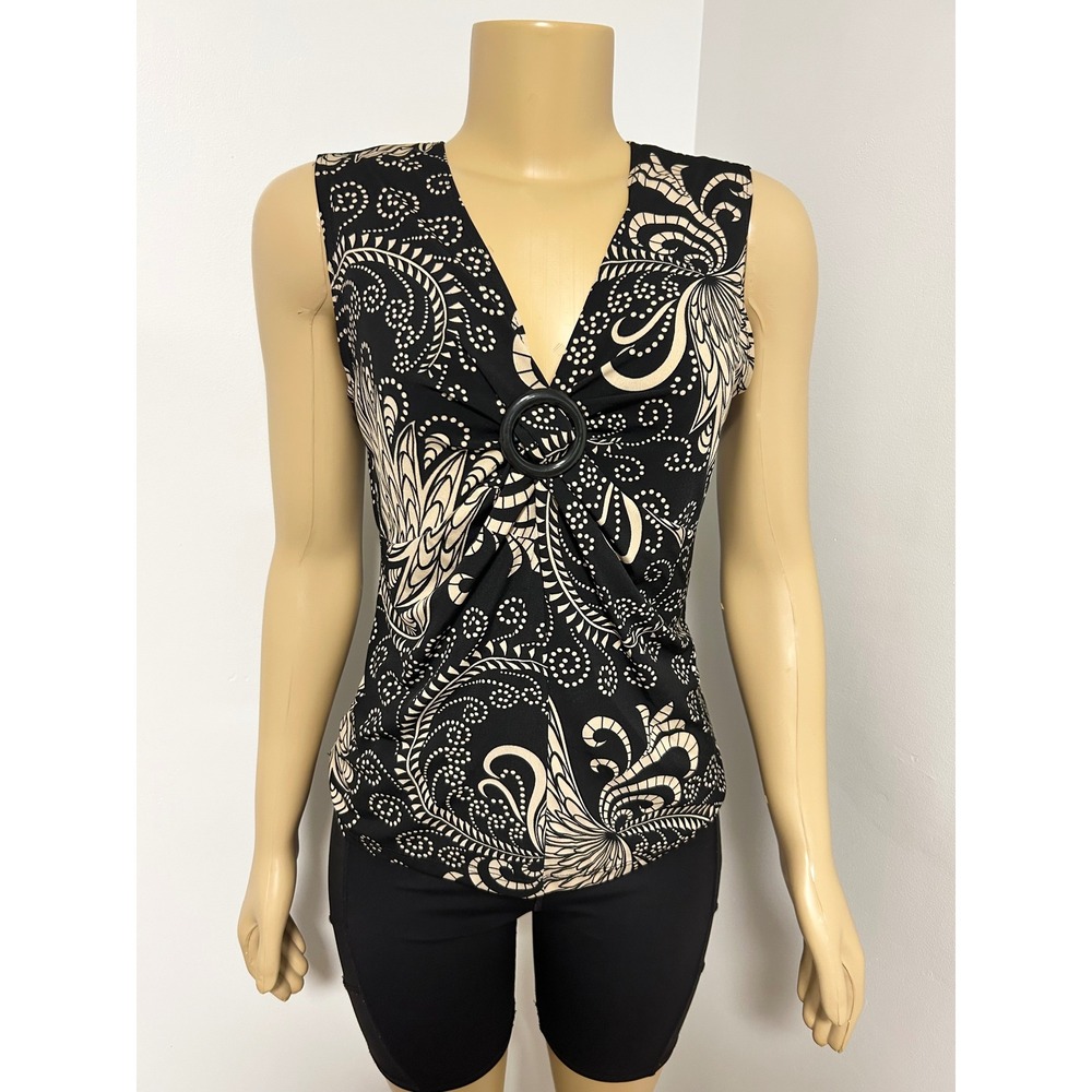 Y2K VINTAGE Creative Design CDW Black Tan Paisley O-Ring V-Neck Sleeveless Top M